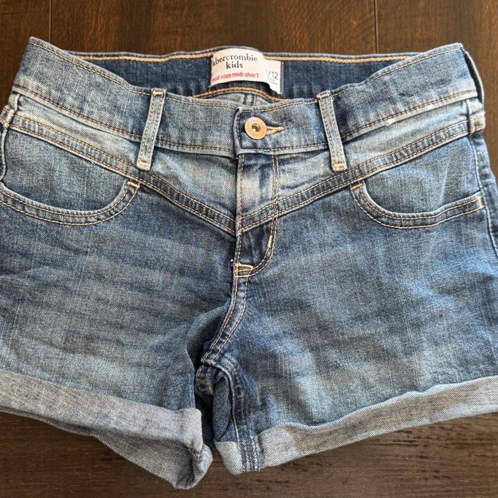 Abercrombie Kids Girls Blue Mid-Rise Midi Denim Shorts Size 11/12 Adj Waist